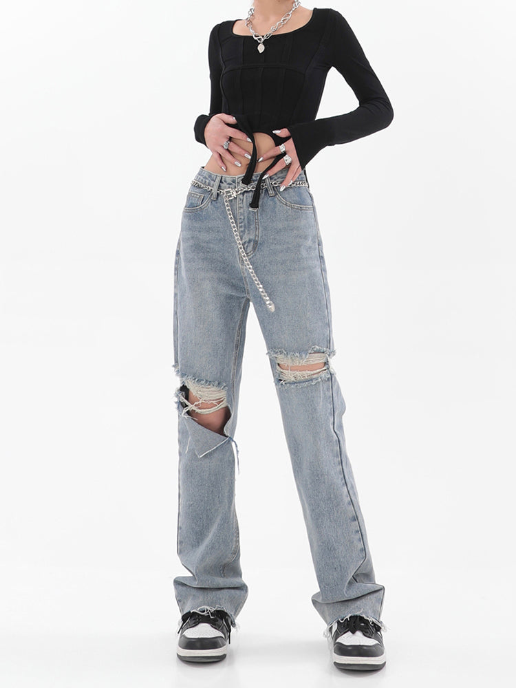 Distressed Wide-Leg Denim Jeans