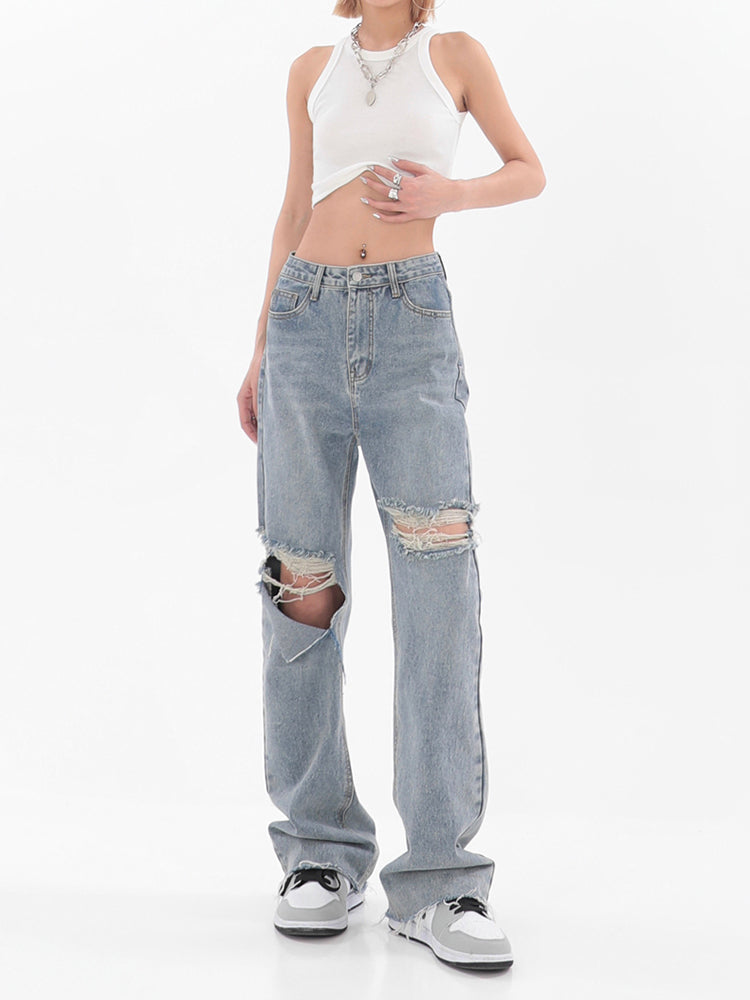 Distressed Wide-Leg Denim Jeans