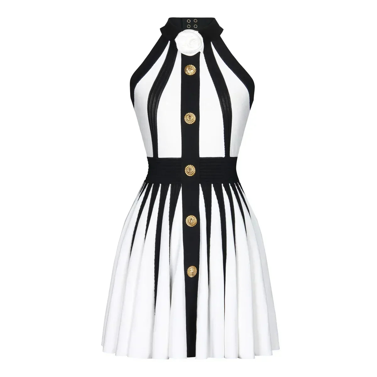 Striped Halter Neck Rosette Button Front Pleated Knit Mini Dress 4