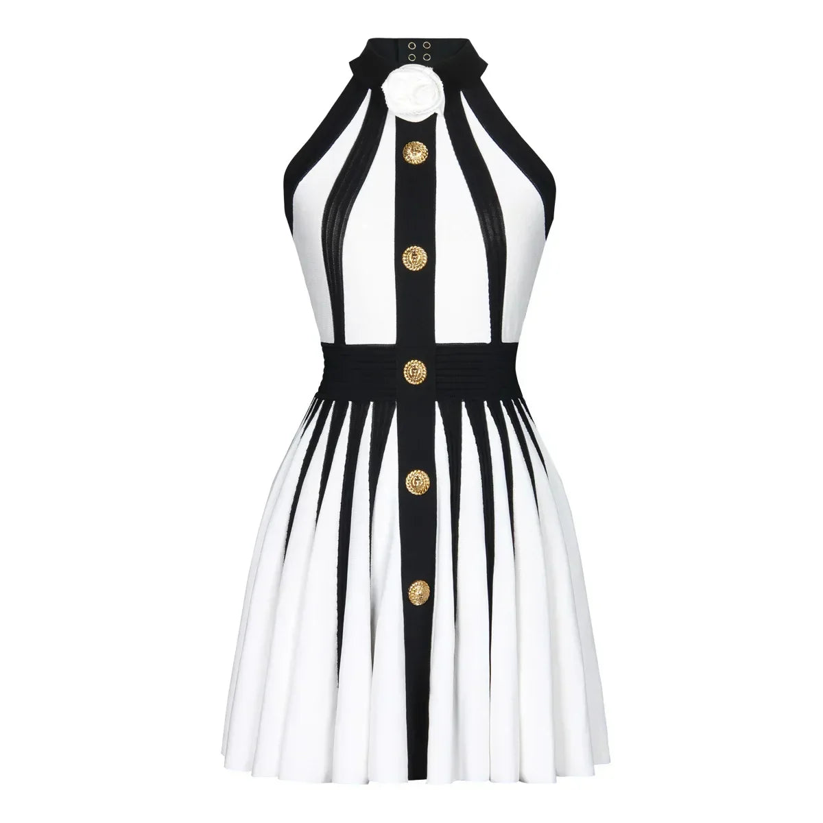 Golden Buttons Patchwork Party Dress White / Xs Partydress-241208