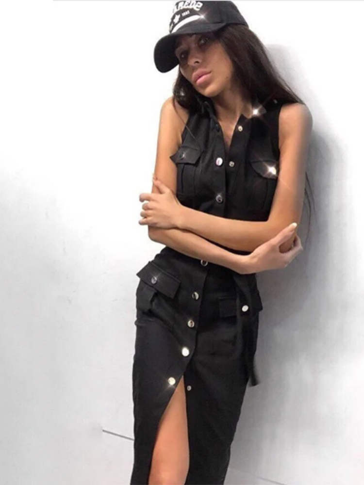 Sleeveless Mandarin Collar Button Front Cargo Pocket Belted Mini Dress
