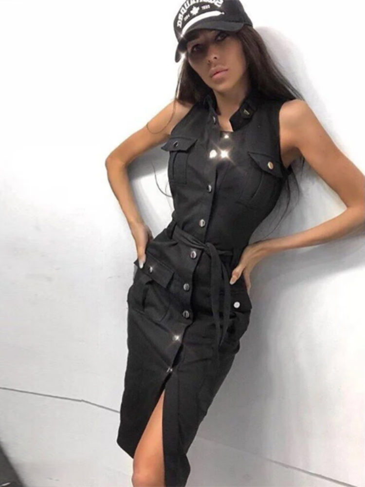 Sleeveless Mandarin Collar Button Front Cargo Pocket Belted Mini Dress