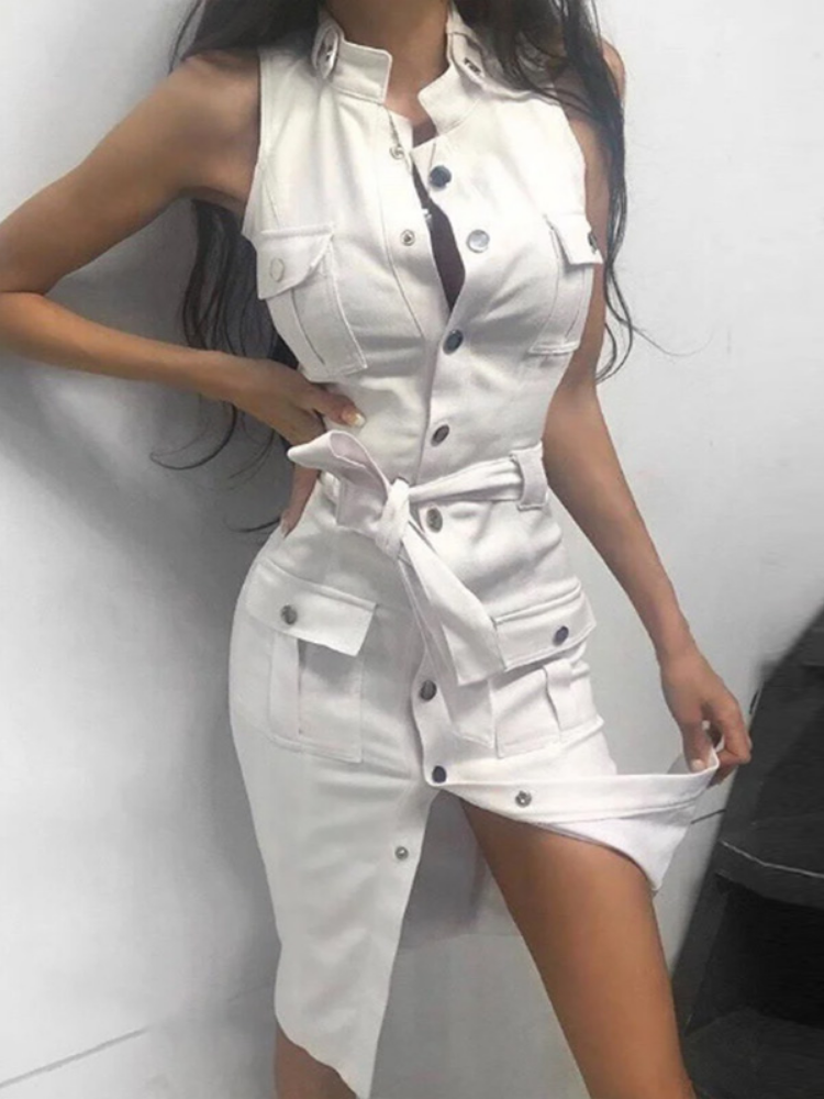 Sleeveless Mandarin Collar Button Front Cargo Pocket Belted Mini Dress