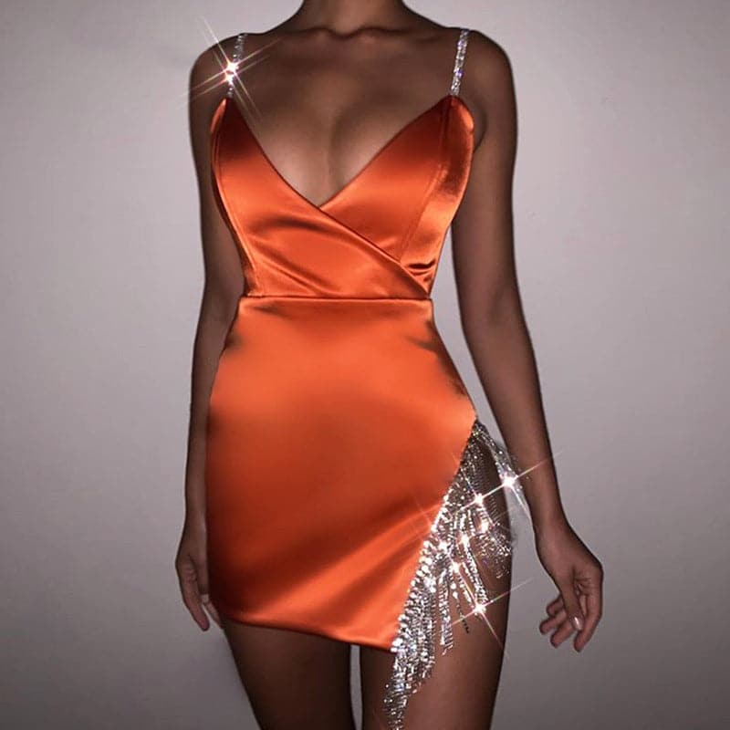 2022 Satin Dress Women Glitter Diamond Club Party Mini Dresses