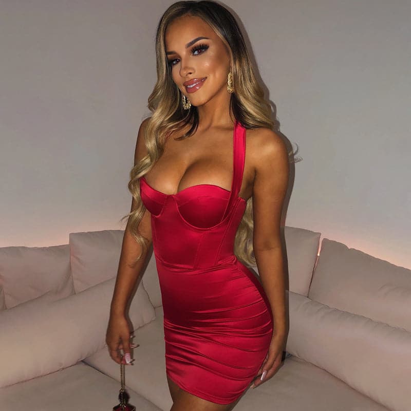 2022 Satin Dress Women Glitter Diamond Club Party Mini Dresses