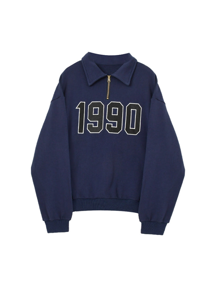 Vintage Lapel Long Sleeve Hoody Pullovers Navy / S
