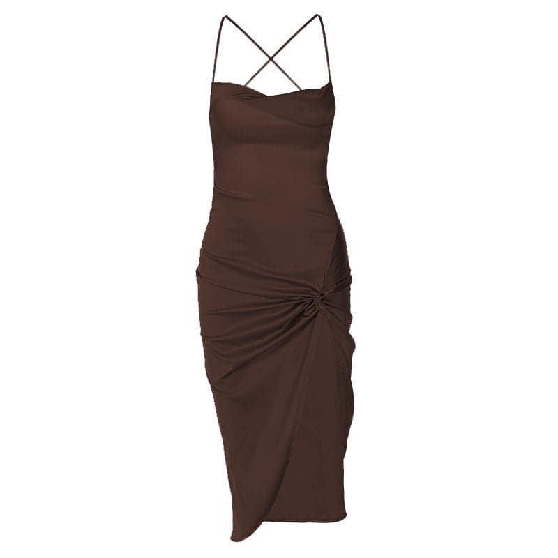 Satin Cowl Neck Cross Strap Twist Knot Split Midi Slip Dress 9