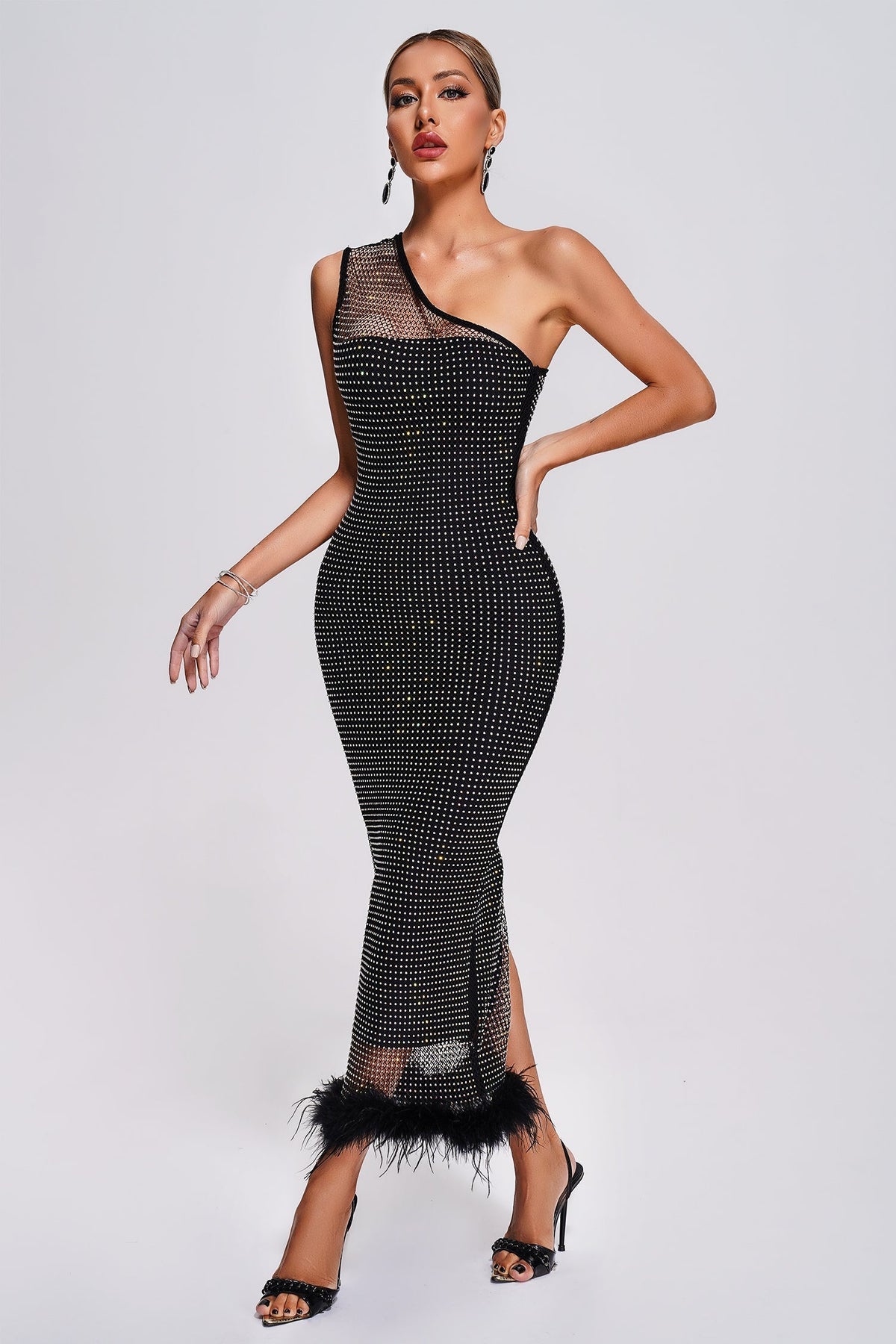Rhinestone Mesh One Shoulder Feather Hem Side Split Maxi Dress