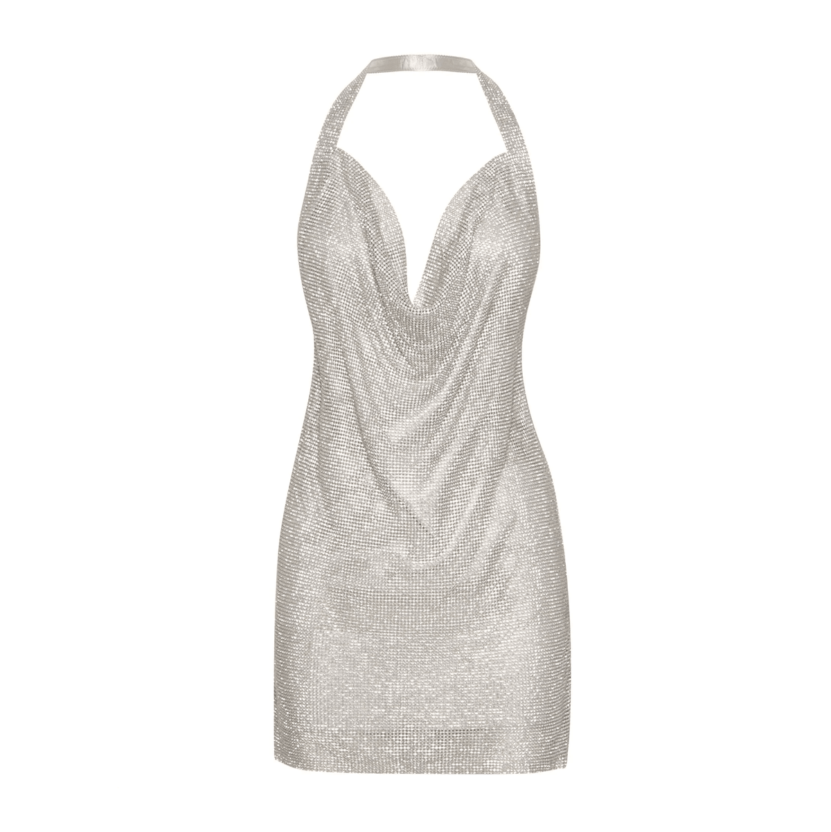 Rhinestone Mesh Halter Neck Cowl Front Side Split Mini Dress 17