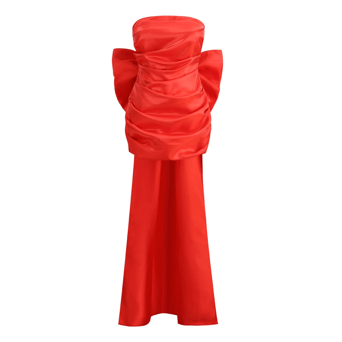Strapless Satin Ruched Oversized Back Bow Train Mini Dress 15