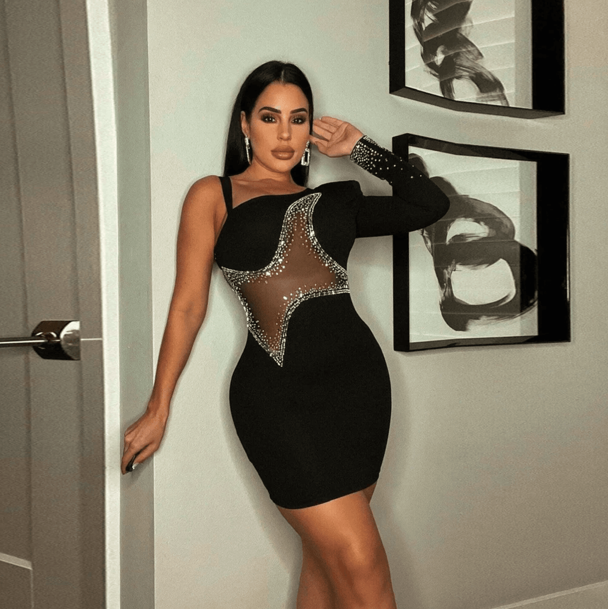 One Shoulder Long Sleeve Rhinestone Mesh Cut Out Bodycon Mini Dress