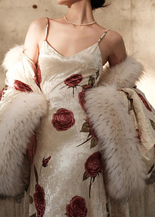 Rose Print Velvet Faux Fur Collar Coat and Maxi Dress Two Piece Set