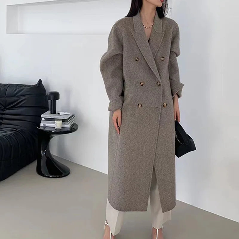Double Breasted Peak Lapel Belted Wool-Look Long Coat 4