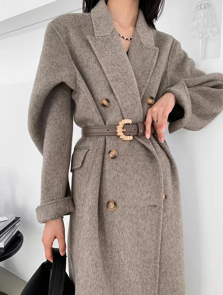 Double Breasted Peak Lapel Belted Wool-Look Long Coat