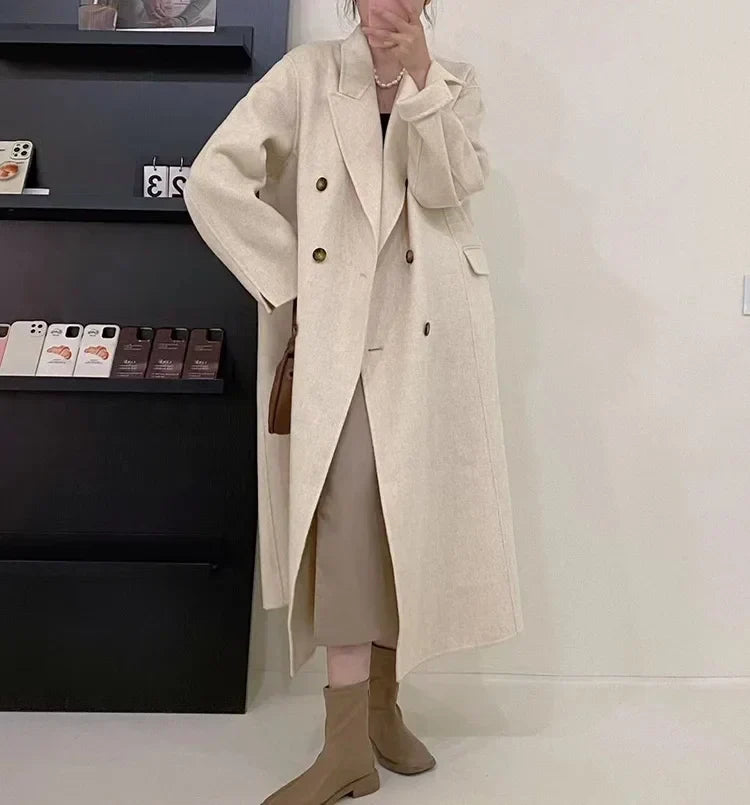 Double Breasted Peak Lapel Belted Wool-Look Long Coat 2