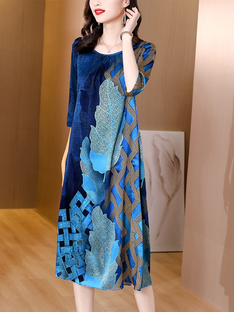 Botanical Print Three Quarter Sleeve Round Neck Patchwork A-Line Midi Dress