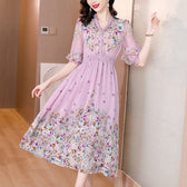 Fashion Floral Silk V-Neck Dress Butterfly Sleeve 7