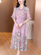 Fashion Floral Silk V-Neck Dress Butterfly Sleeve 5