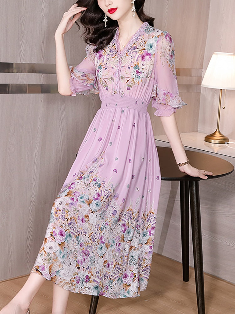 Fashion Floral Silk V-Neck Dress Butterfly Sleeve 2