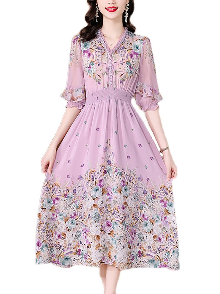 Fashion Floral Silk V-Neck Dress Butterfly Sleeve 6