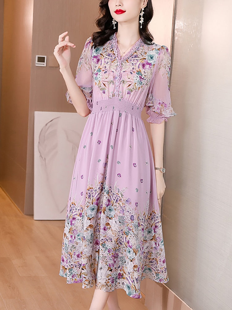 Fashion Floral Silk V-Neck Dress Butterfly Sleeve 4