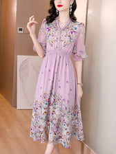 Fashion Floral Silk V-Neck Dress Butterfly Sleeve 4