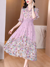 Fashion Floral Silk V-Neck Dress Butterfly Sleeve 3
