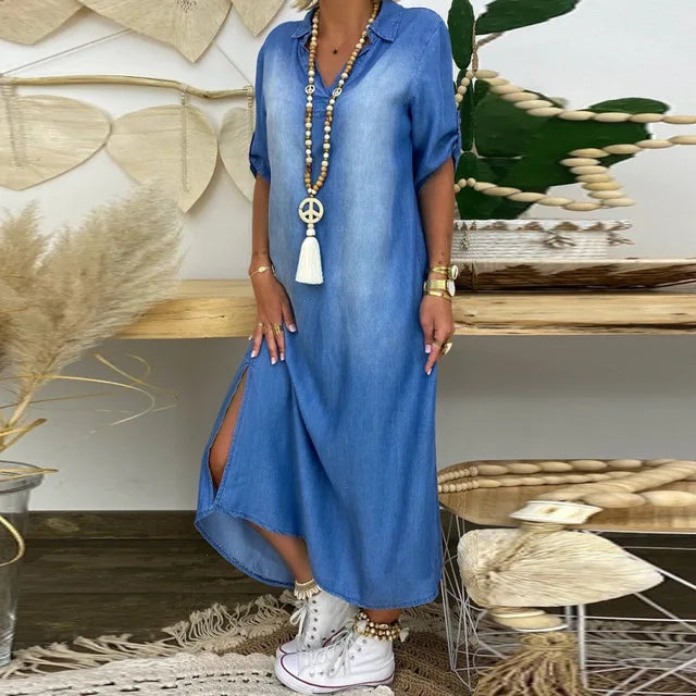 Lea™ | Long Denim Look Dress with Side Slit 2XL
