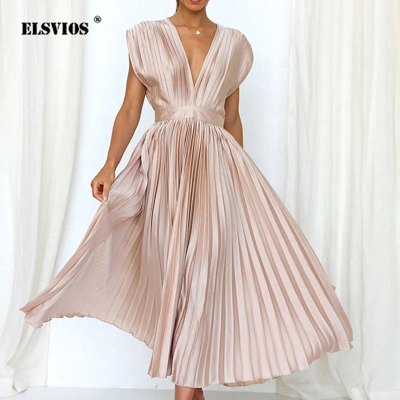 Delia Chic V Neck Maxi Dress with Pleats Boutique Edit