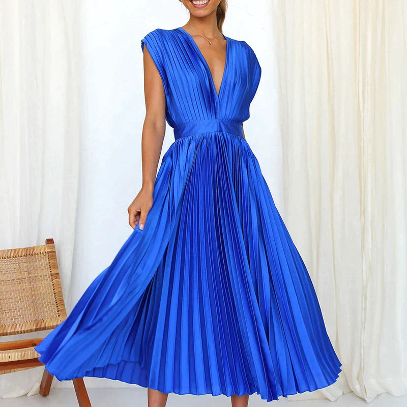 Delia Chic V Neck Maxi Dress with Pleats Boutique Edit