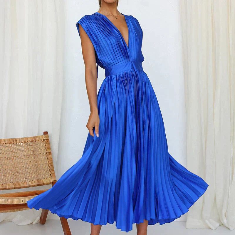 Delia Chic V Neck Maxi Dress with Pleats Boutique Edit