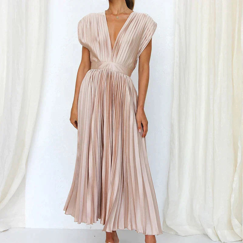 Delia Chic V Neck Maxi Dress with Pleats Boutique Edit