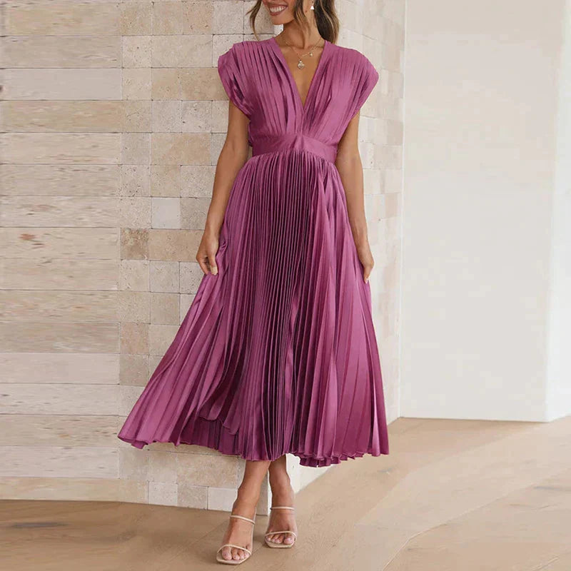 Delia Chic V Neck Maxi Dress with Pleats Boutique Edit