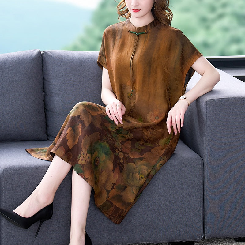 Floral Print Short Sleeve Round Neck Cord Tie Loose Shift Midi Dress