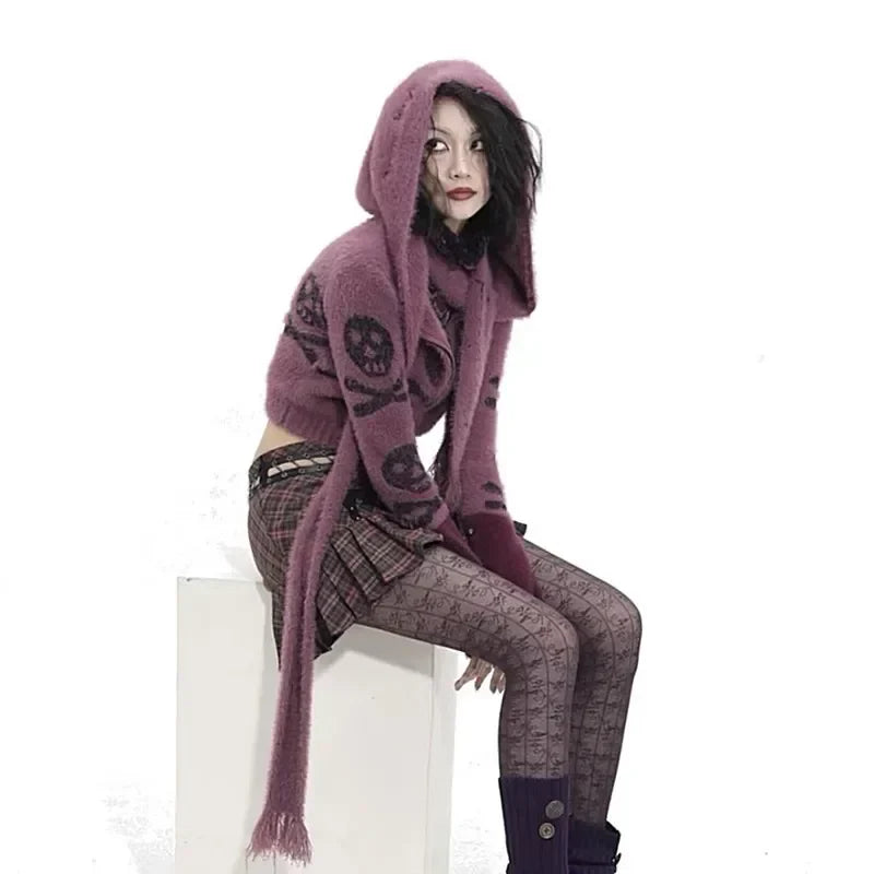 Gothic Skull Embroidery Punk Style Grunge Aesthetics Cropped Vintage Hooded Knitted Cardigan