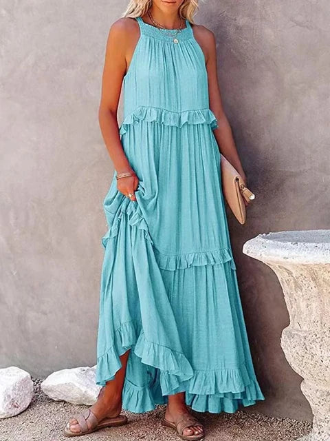 Halter Neck Sleeveless Tiered Ruffle Flowy Maxi Summer Dress