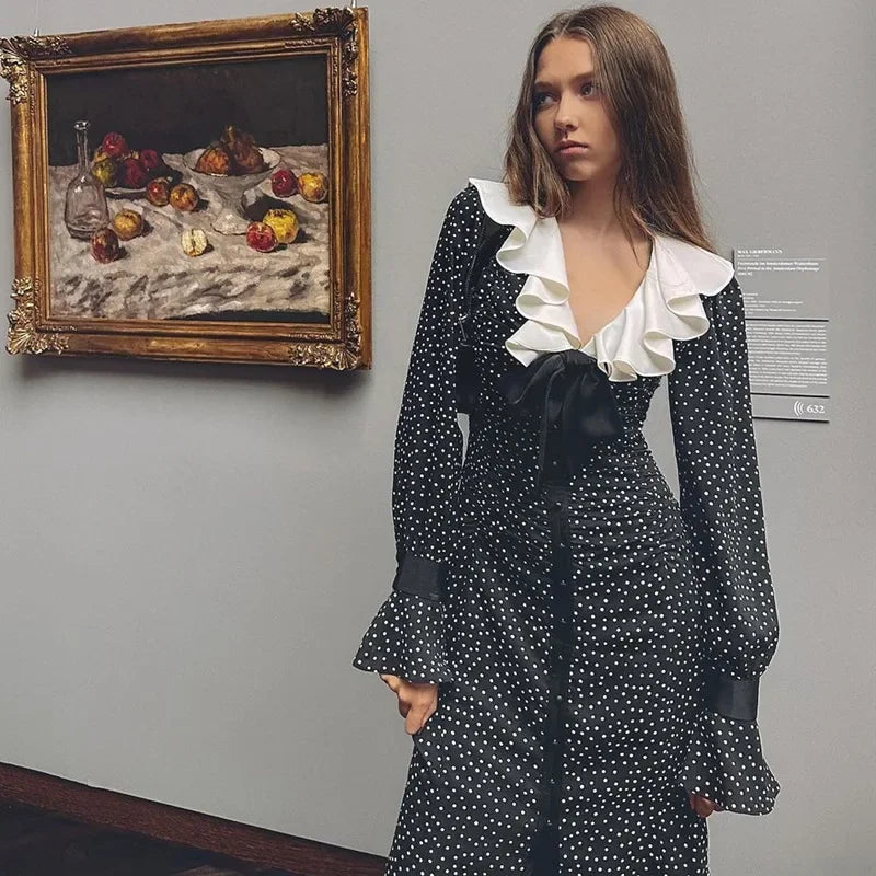 Polka Dot Ruffle Collar Bow Front Flare Cuff Long Sleeve Midi Dress 3