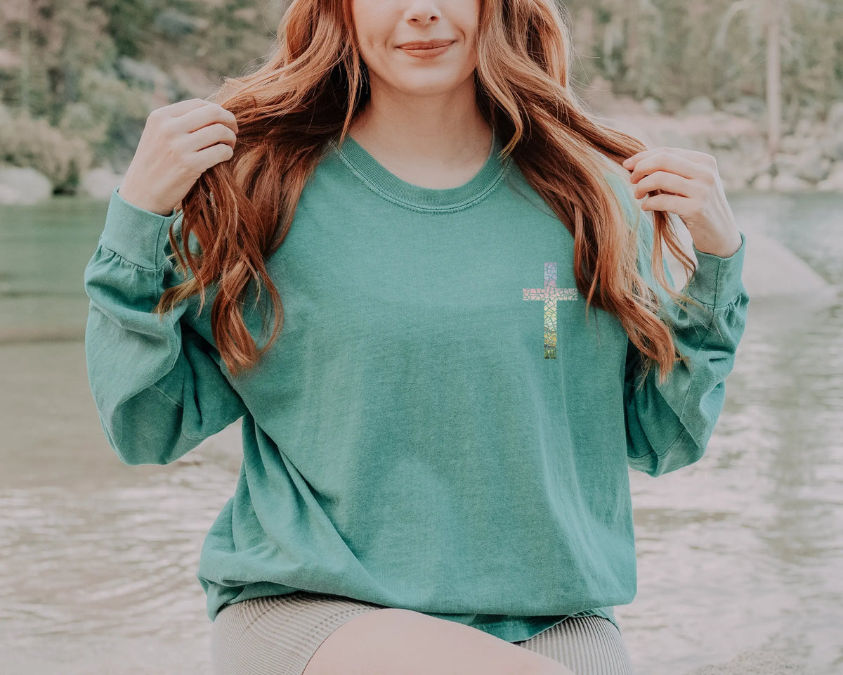 Crew Neck Long Sleeve Glitter Cross Graphic Oversized Sweatshirt