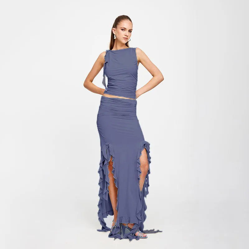 Style Party Ruffles Maxi Split Skirt