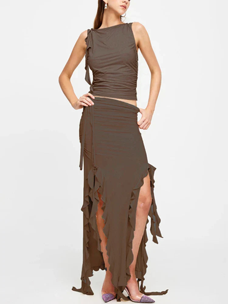 Style Party Ruffles Maxi Split Skirt