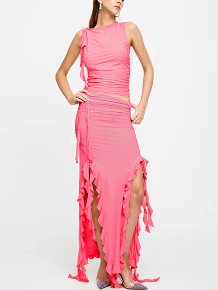 Style Party Ruffles Maxi Split Skirt