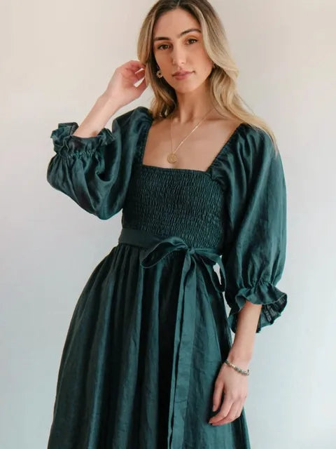 Square Neck Smocked Puff Sleeve Tie Waist Flowy Maxi Summer Dress