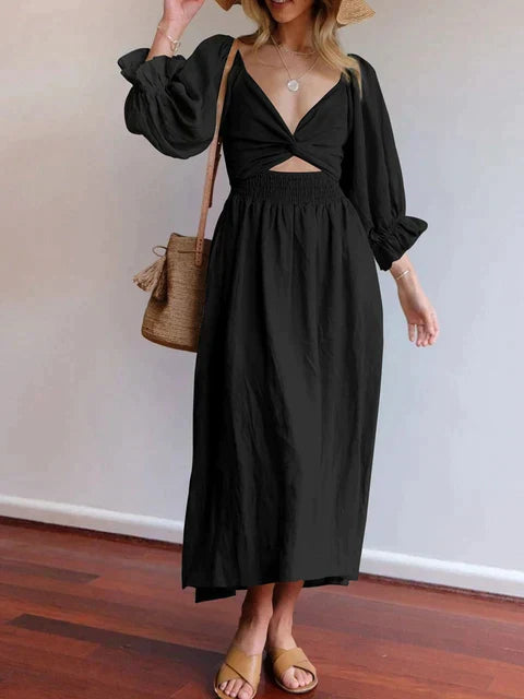 Square Neck Smocked Puff Sleeve Tie Waist Flowy Maxi Summer Dress