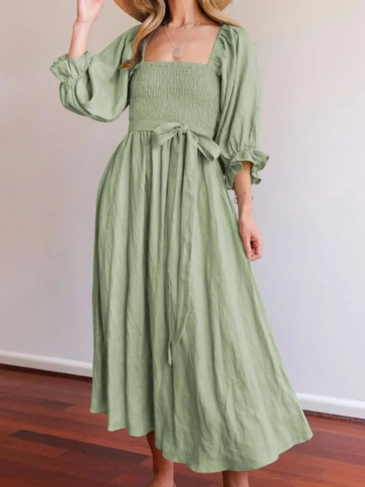 Square Neck Smocked Puff Sleeve Tie Waist Flowy Maxi Summer Dress