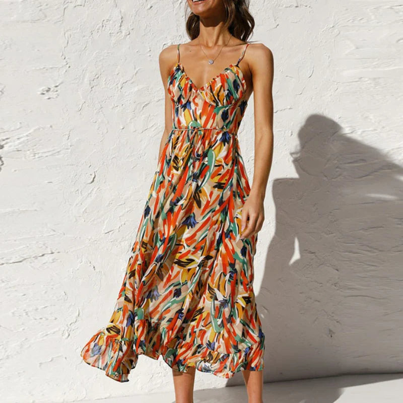 Summer Fashion Elegant VNeck Backless Sling Boho Dress