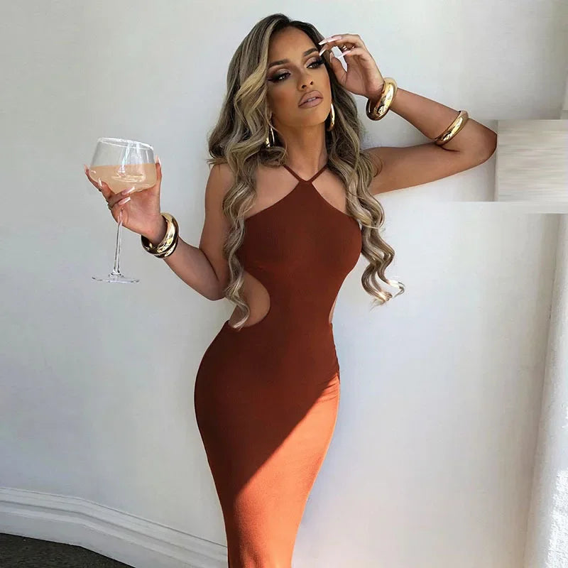 Halter Neck Side Cut Out Ribbed Knit Bodycon Midi Dress 7