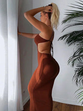 Summer Halter for Women's Sleeveless Backless Club Party Cutout Bandage Midi Dress Clothes Sexy