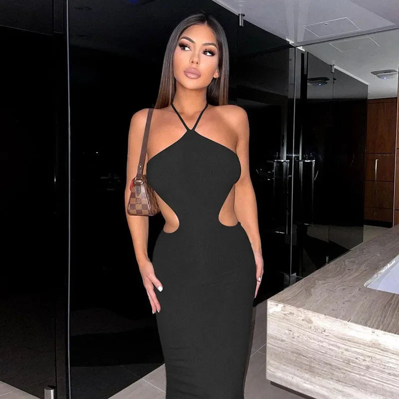 Halter Neck Side Cut Out Ribbed Knit Bodycon Midi Dress 8