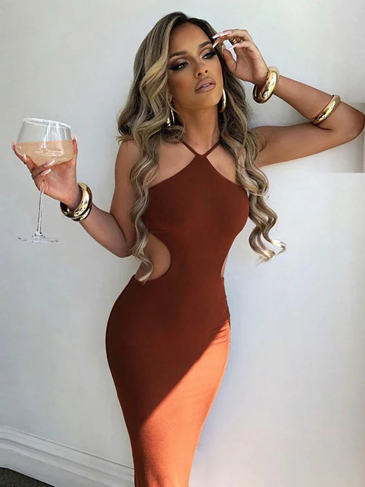 Summer Halter for Women's Sleeveless Backless Club Party Cutout Bandage Midi Dress Clothes Sexy
