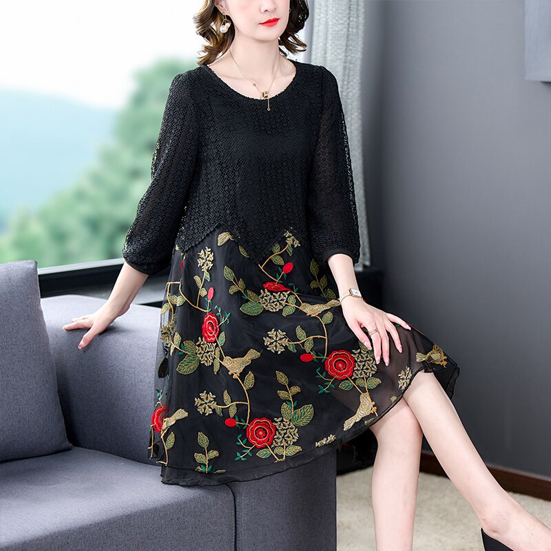 Embroidered Floral Bird Geometric Lace Overlay Zigzag Hem Round Neck 3/4 Sleeve Midi Dress